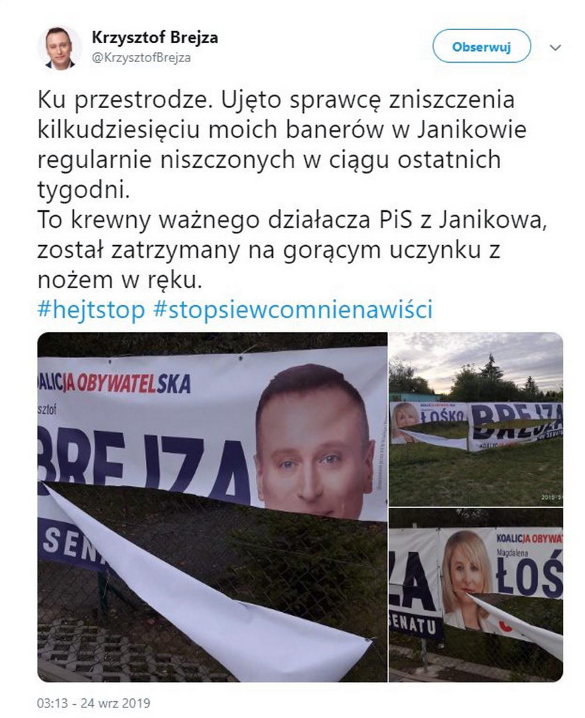 Zniszczono banery Krzysztofa Brejzy. Zrobił to krewny działacza PiS?