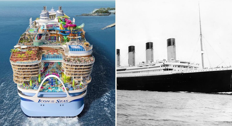 Royal Caribbean's Icon of the Seas (left); the RMS Titanic (right).Royal Caribbean; Universal Images Group via Getty Images