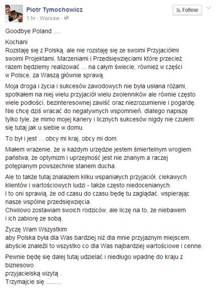 Tymochowicz wyjeżdża z Polski