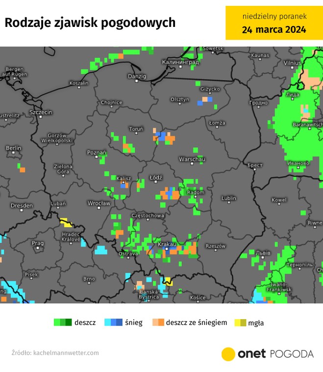 W nocy lokalnie pojawi się przelotny deszcz, deszcz ze śniegiem i śnieg