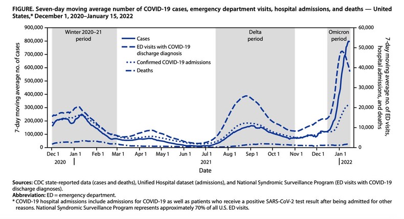 Chart showing difference between Omicron variant and past COVID-19 surges.