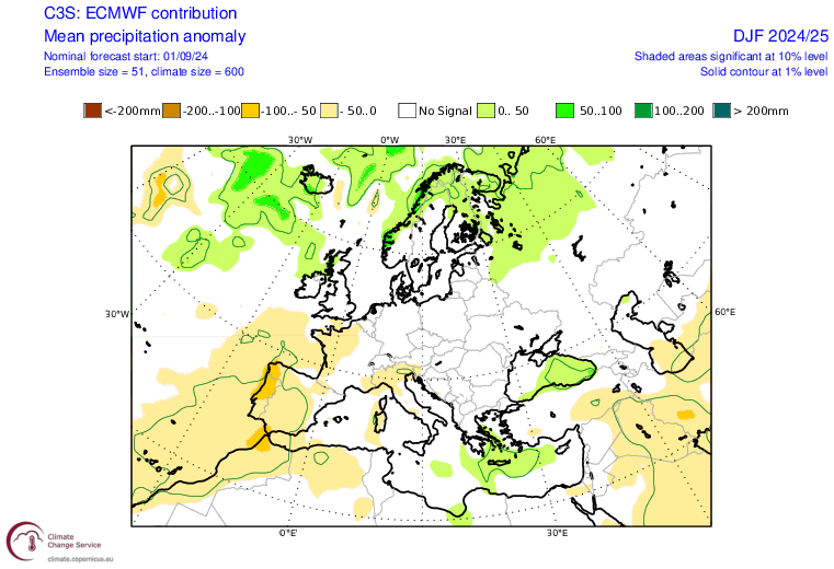 Prognozowana anomalia opadów w Europie od grudnia do lutego