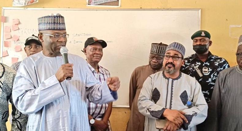 From Left: INEC Chairman, Prof. Mahmood Yakubu with the Director-General, The Electoral Institute (TIE), Dr Sa’ad Idris, addressing the SPOs for 2023 general elections on Saturday in Abuja.