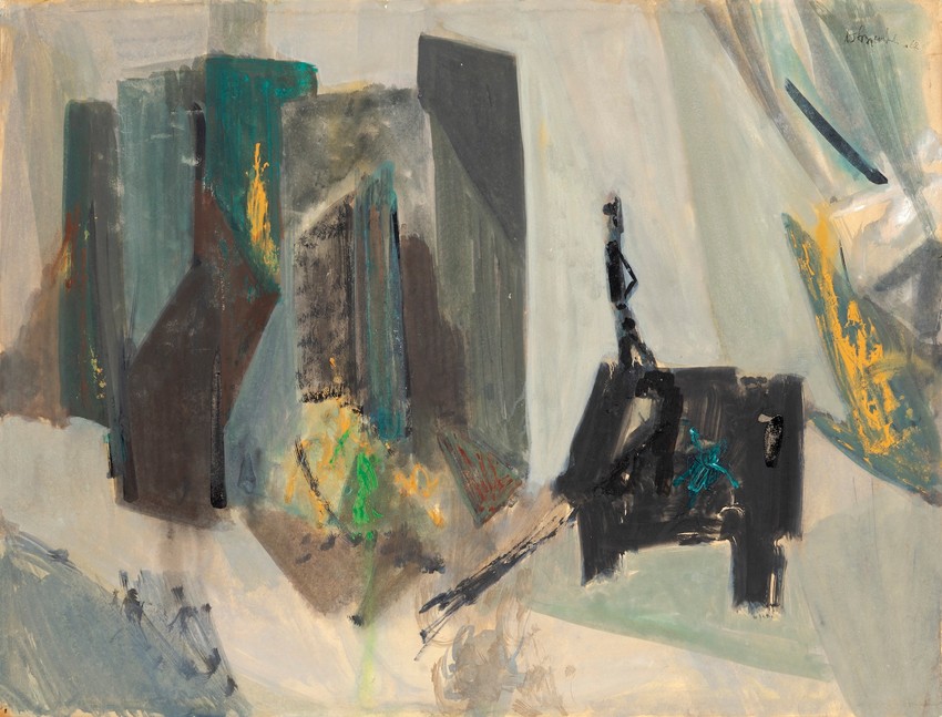 Atelje sa crnim stolom,tempera na papiru 1962