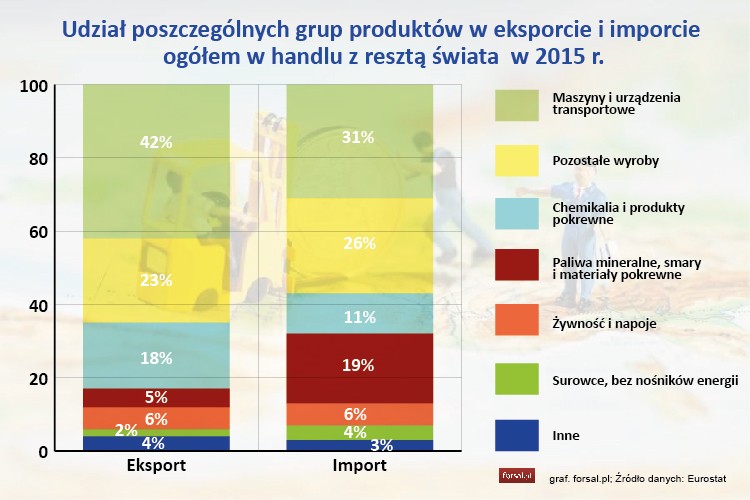 W 2015 roku, maszyny i urządzenia transportowe odgrywały ważną rolę w handlu towarami między UE a resztą świata. Wysoko wyspecjalizowane urządzenia z branży transportowej stanowiły 42 proc. ogólnej liczby pozaunijnego eksportu i 31 proc. importu.
<br>
Kategoria pozostałe wyroby to 23 proc. pozaunijnego eksportu i 26 proc. pozaunijnego importu, substancje chemiczne (18 proc. pozaunijnego eksportu i 11 proc. importu spoza UE).
<br>
Duży udział, choć tylko po stronie importu, stanowiły też paliwa mineralne. Import paliw spoza UE na wspólny rynek to prawie 20 proc. całego importu, podczas gdy eksport surowców energetycznych poza wspólnotę to zaledwie 5 proc. całości.