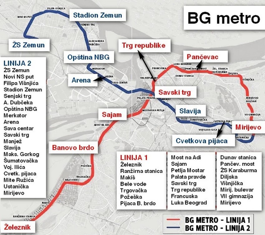 Trase dve linije metroa pre nego što je usvojena primedba udruženja "Po meri metro"
