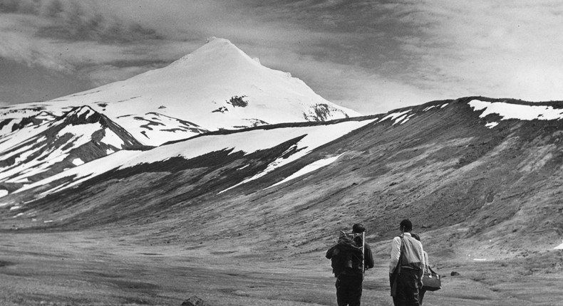 circa 1950: A typical scene of the Aleutian Islands with a volcanic cone in the background.J. Malcolm Greany/Three Lions/Getty Images