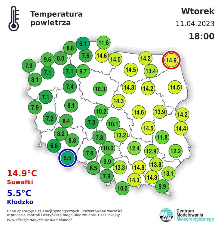 Temperatura w Polsce 11 kwietnia o godz. 18.00.