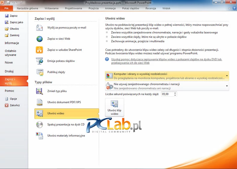 MS PowerPoint 2010 – funkcje eksportu do pliku wideo (kliknij, aby powiększyć)