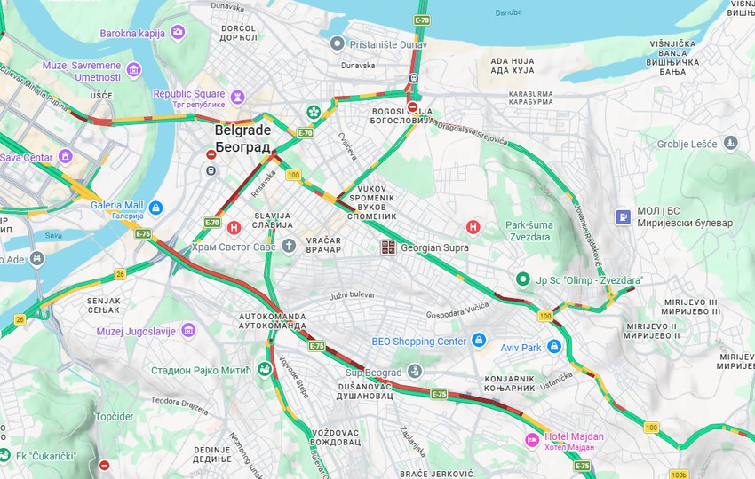 Mapa gužvi u Beogradu