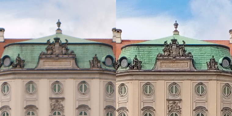 Tym razem wycinki w skali 1:1 z powyższych zdjęć, ale obraz 50 MP (po lewej) został na potrzeby porównania przeskalowany do jakości 12 MP oraz oryginalny obraz 12 MP (po prawej)
