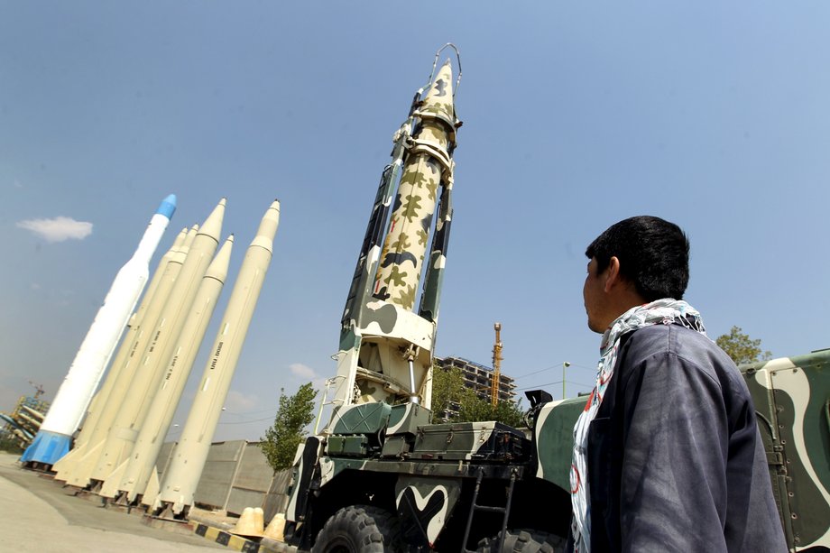 A man looking at Iranian-made missiles at Holy Defence Museum in Tehran, Iran, in 2015.