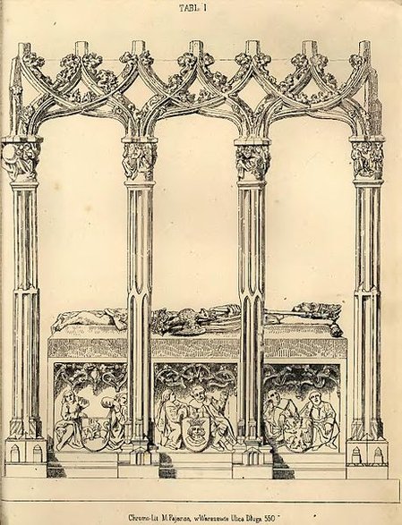 Nagrobek Kazimierza Jagiellończyka na XIX-wiecznym rysunku Maksymiliana Fajansa (domena publiczna)