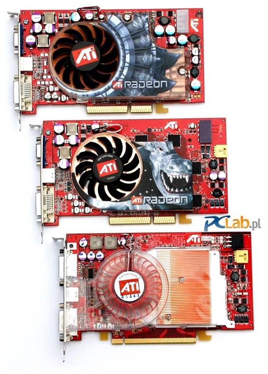 Na zdjęciu karty referencyjne ATI: RADEON 9800 XT (u góry), RADEON X800 XT Platinum Edition, wersja AGP (po środku), RADEON X850 XT Platinum Edition (u dołu)