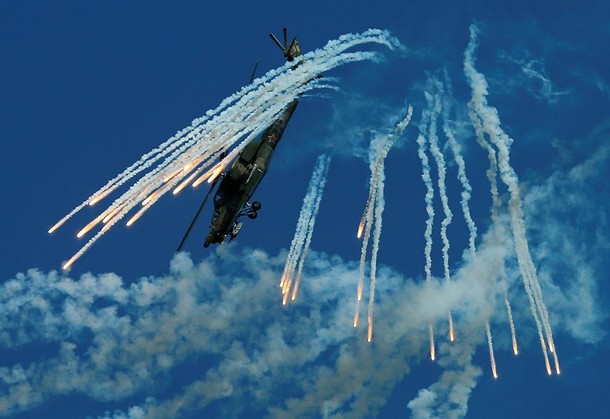 Mil Mi-28N Night Hunter military helicopter performs during International Army Games 2016 in Dubrovi