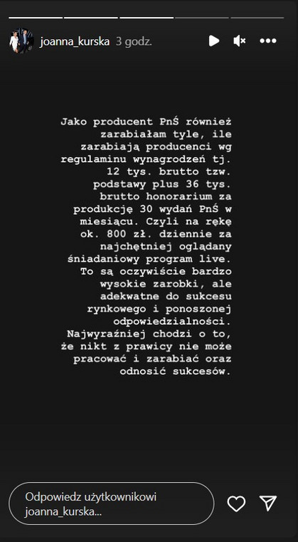 InstaStory z profilu Joanny Kurskiej