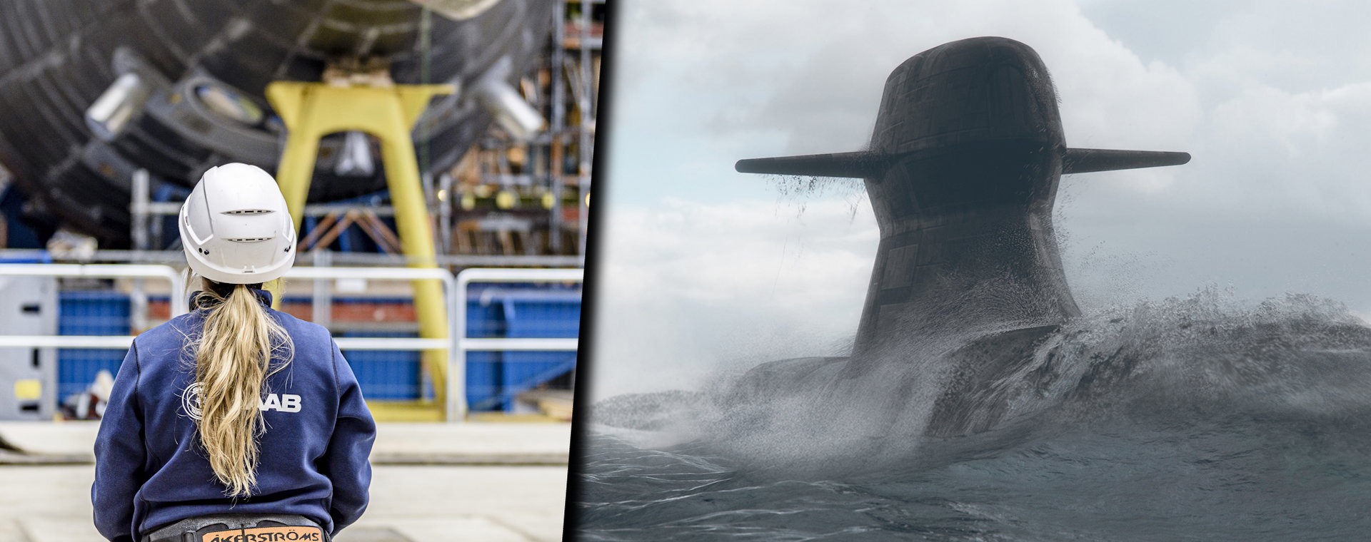 Od lewej: pracowniczka stoczni koncernu Saab i wizualizacja przyszłej generacji okrętów podwodnych