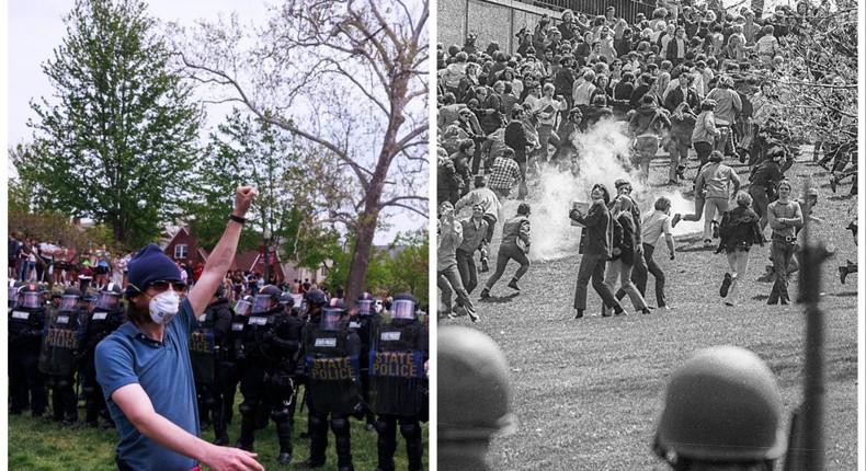 Student protesters, like their predecessors, are being met with a heavy police presence.Jeremy Hogan/SOPA Images/LightRocket via Getty Images // Howard Ruffner/Getty Images