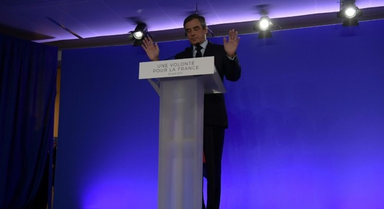 French presidential election candidate for the right-wing Les Republicains party Francois Fillon delivers a speech at his campaign headquarters in Paris, on April 23, 2017