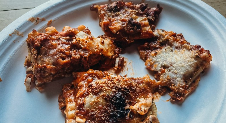 Clockwise from top: Lasagna cooked in the oven, microwave, toaster oven, and air fryer.Meredith Schneider