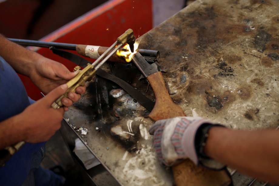 A weapon is being destroyed during an exercise to disable seized weapons in Caracas, Venezuela, August 17, 2016.