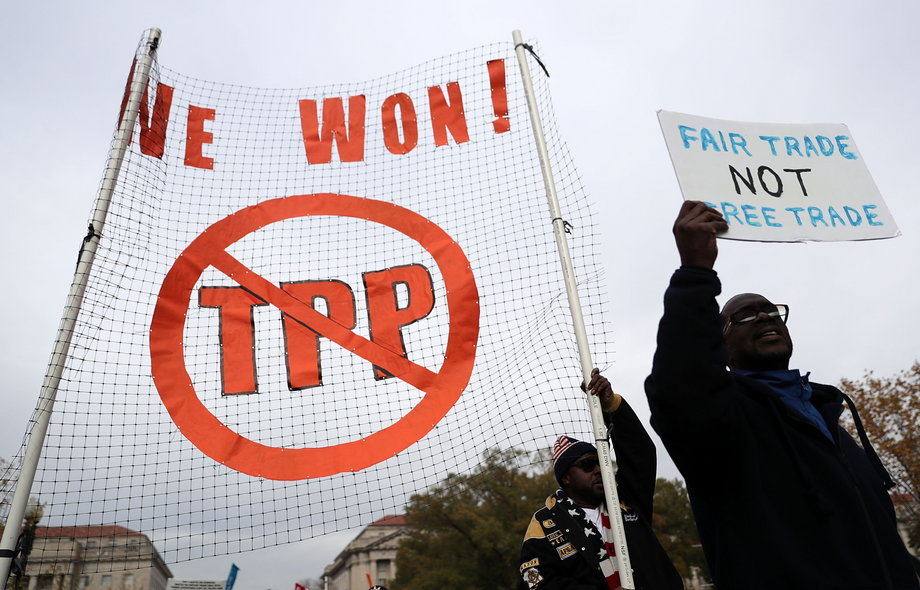 People protest TPP in Washington, DC.