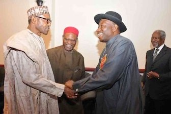 President Goodluck Jonathan and APC Presidential candidate, Muhammadu Buhari at the 2015 general elections sensitization workshop on non-violence in Abuja. 
