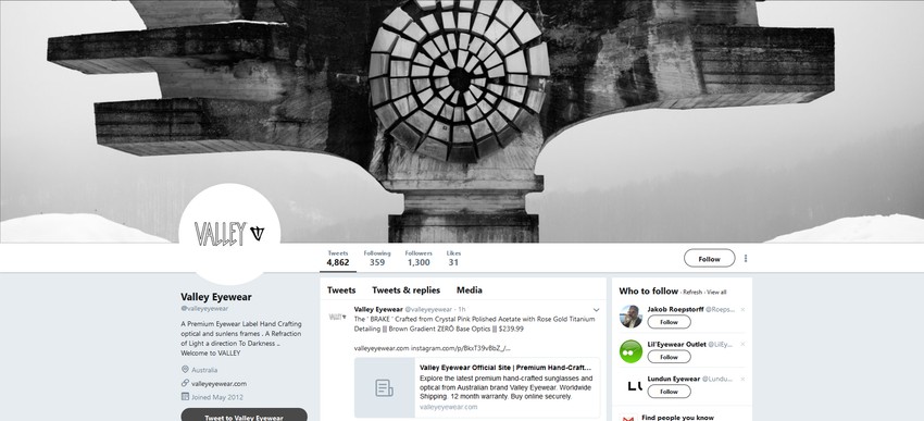 Tviter nalog kompanije "Valley Eye Wear"