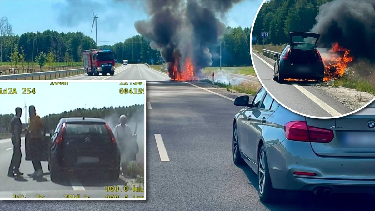 Ogień i dym na DK45. Matka i syn nie wiedzieli, że jadą płonącym autem