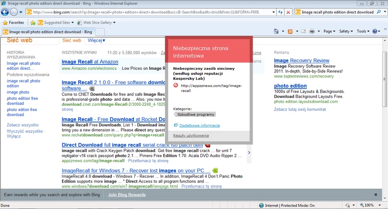 Kaspersky URL Advisor w akcji. (Kliknij, by zobaczyć cały obrazek. Źródło: Kaspersky Lab)