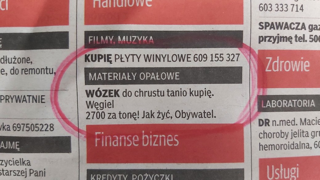 Ogłoszenie, które aktywistka Ilona Michalak wykupiła w „Expressie Bydgoskim, żeby przekazać czytelnikom tej orlenowskiej gazety, jaka jest aktualna cena węgla