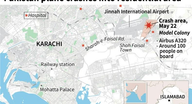Close-up map of Karachi in Pakistan locating the crash area of a plane carrying around 100 people on Friday.