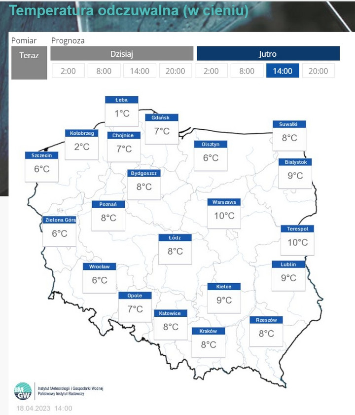 Przewidywana temperatura odczuwalna na wtorek 18 kwietnia