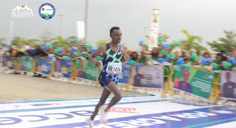 Ulfata Deresa Geleta at the finish line for the 42km race at Eko Atlantic