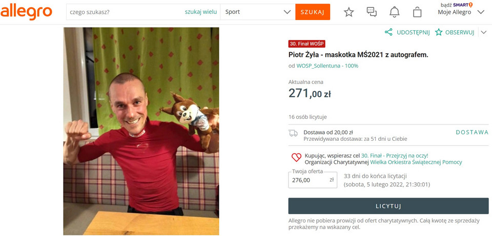 Maskotka MŚ2021 z autografem Piotra Żyły