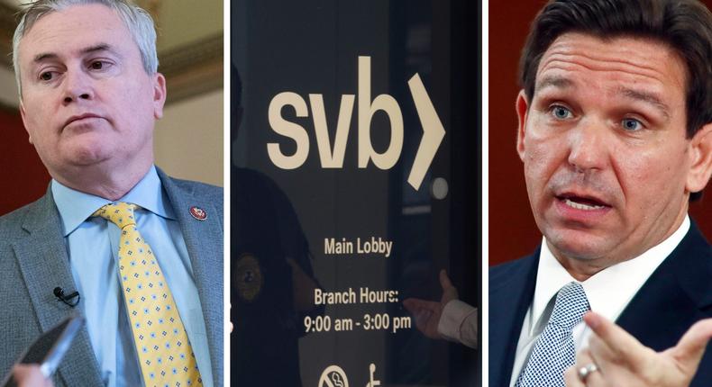 Republican Rep. James Comer of Kentucky (left) and Florida Gov. Ron DeSantis have claimed that politics may have been behind Silicon Valley Bank's downfall.AP Images/Insider composite