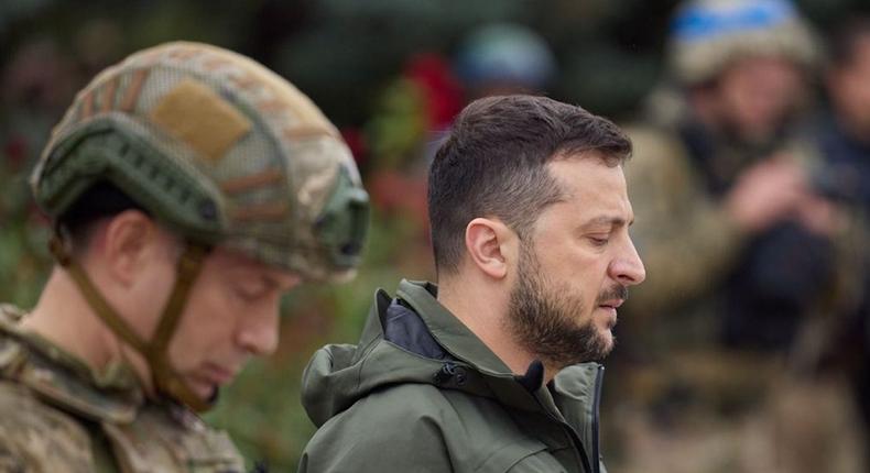 President Volodymyr Zelenskyy with a soldier in newly liberated Izyum, published on Zelenskyy's Telegram on September 14 2022