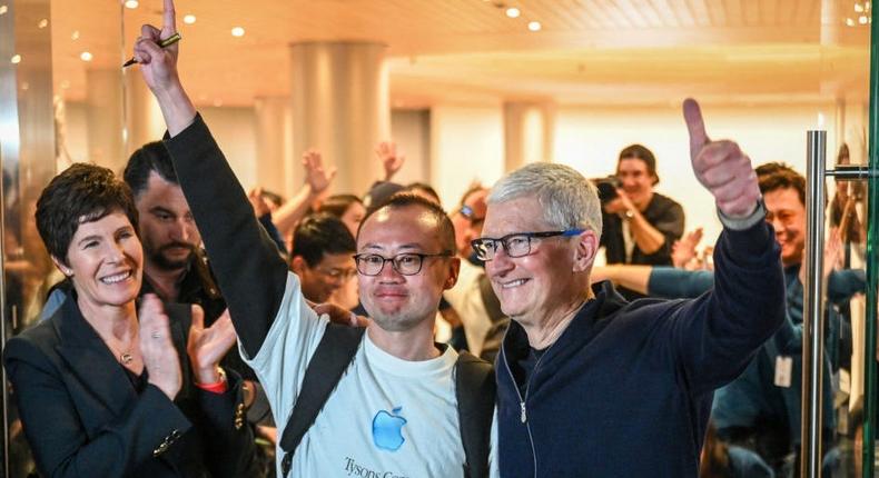Apple CEO Tim Cook at the opening of Shanghai's new Apple retail store in Shanghai on March 21, 2024.AFP/Getty Images
