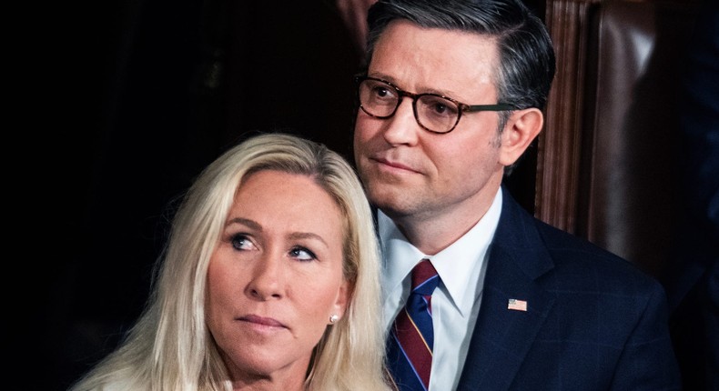 Rep. Marjorie Taylor Greene has been threatening to call a vote on ousting Speaker Mike Johnson if he approves more Ukraine aid.Tom Williams/CQ-Roll Call via Getty Images)