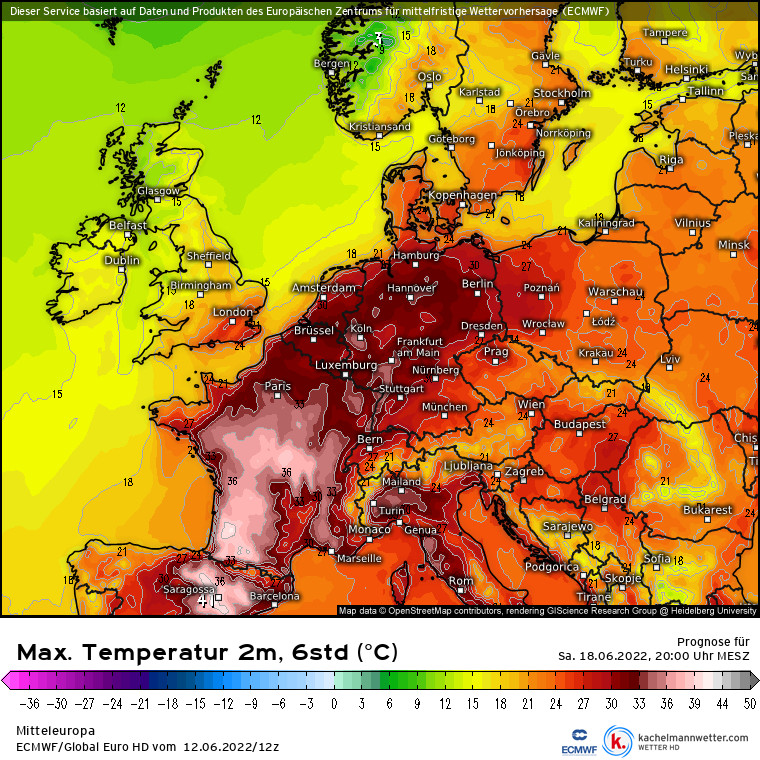 Prognozowana temperatura w zachodniej i środkowej Europie w sobotę