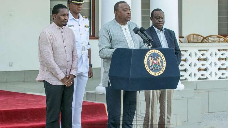 President Uhuru Kenyatta with CSs Henry Rotich and Mwangi Kiunjuri