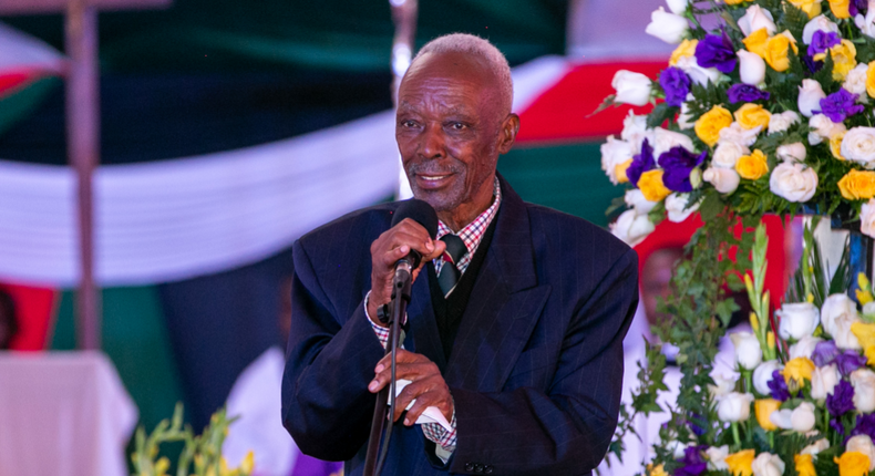 Former KEMSA Board Chair Amb. Solomon Karanja narrates memorable moments of Mwai Kibaki as a lecturer at Makerere University, during the 3rd President of Kenya's burial in Othaya, Nyeri County on April 30, 2022