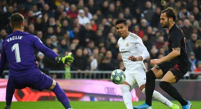 Casemiro scores Real Madrid's first goal in their win over Sevilla on Saturday