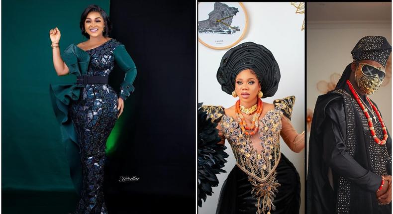 Mercy Aigbe with celebrity couple Toyin Lawani and Segun Wealth [Instagram/MercyAigbe] [Instagram/TiannahsPlaceEmpire]