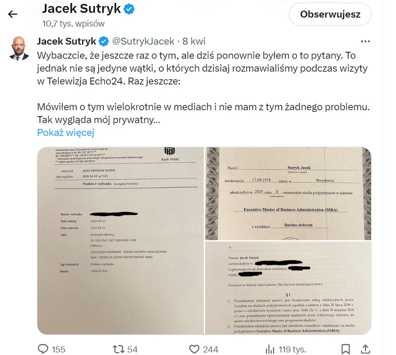 Jacek Sutryk zdecydował się na opublikowanie swojego dyplomu MBA wydanego przez Collegium Humanum i opłaty za studia dopiero po pierwszej turze wyborów. Źródło: Twitter