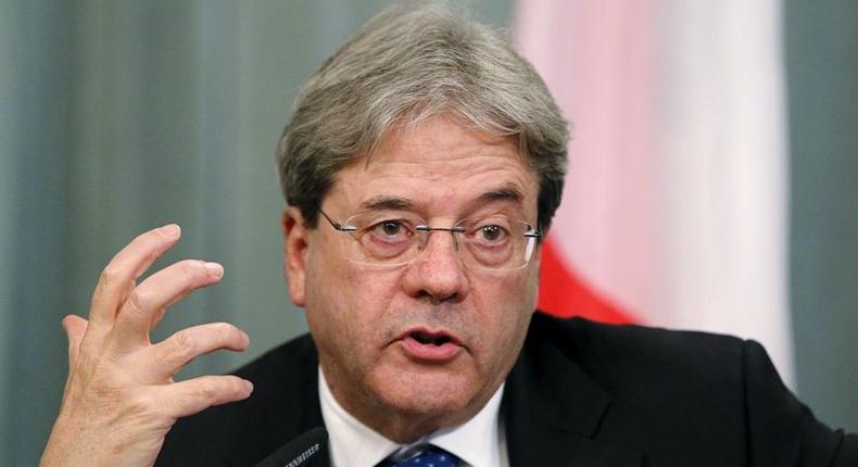 Italian Foreign Minister Paolo Gentiloni speaks during a joint news conference with his Russian counterpart Sergei Lavrov following their meeting in Moscow, Russia, March 25, 2016. 