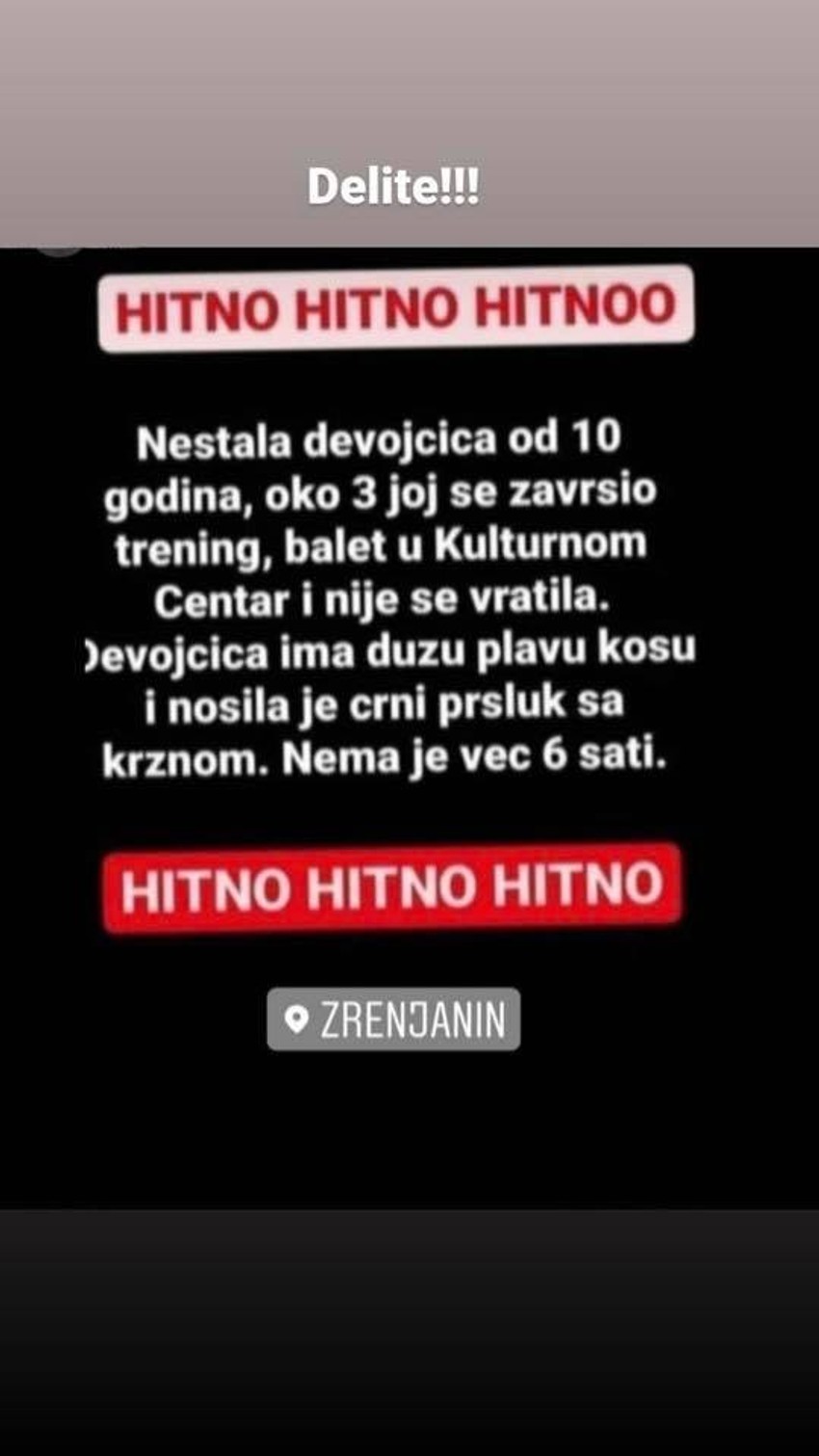 Lažna objava o nestaloj devojčici Zrenjanin