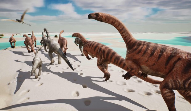 Umetnička rekonstrukcija predstavlja krdo prosauropoda kako se kreće preko blatnjave ravnice tokom oseke. Manji otisci ukazuju na to da su se u krdu bili i mladuci | Foto: Illustrazione di Fabio Manucci, Arch. PaleoStelvio