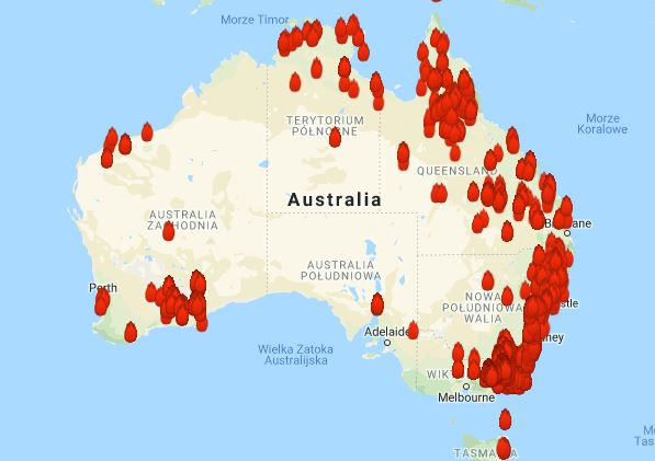 Mapa pokazująca pożary w Australii w ciągu ostatnich 12 godzin