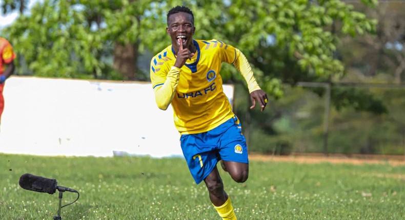 Ojera celebrating one of his Uganda Premier League goals (Photo credit: URA FC)